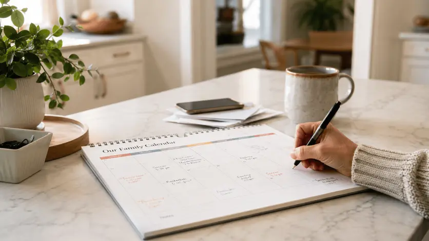 A shared family calendar on a kitchen counter with a pen mid-note