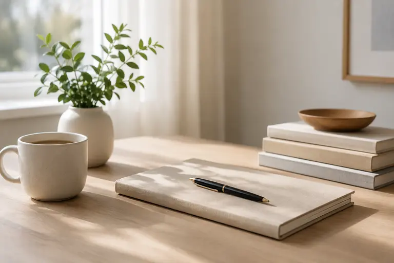 A calm desk detail with notebook, pen, and soft light
