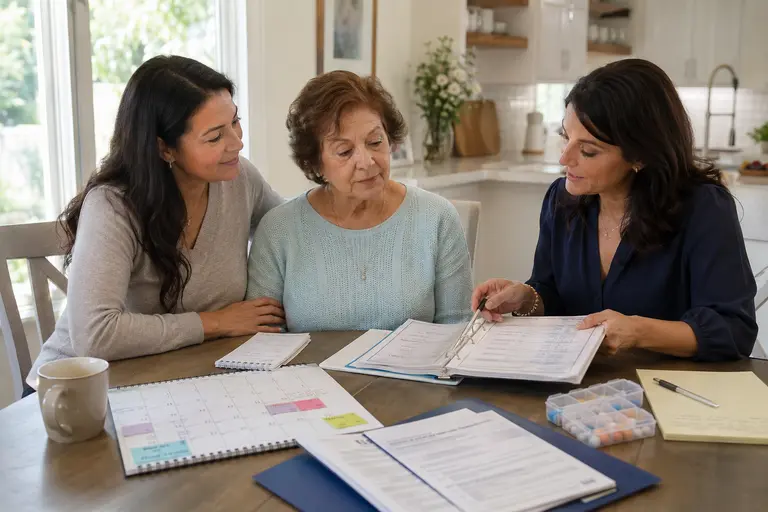Working daughter managing a laptop, phone call, and care notes while supporting her aging mother