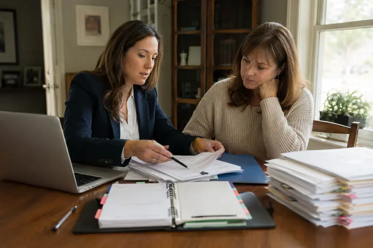 Female healthcare advocate helping a woman review medical paperwork and care coordination notes