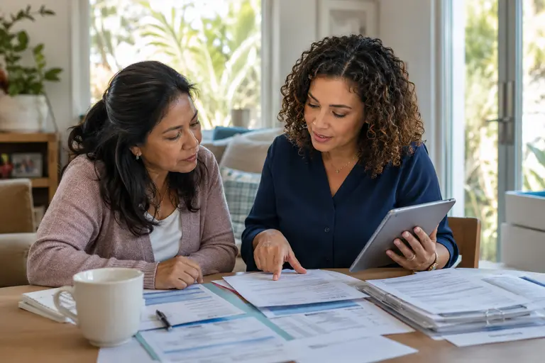 Family caregiver reviewing dementia care information with an older adult